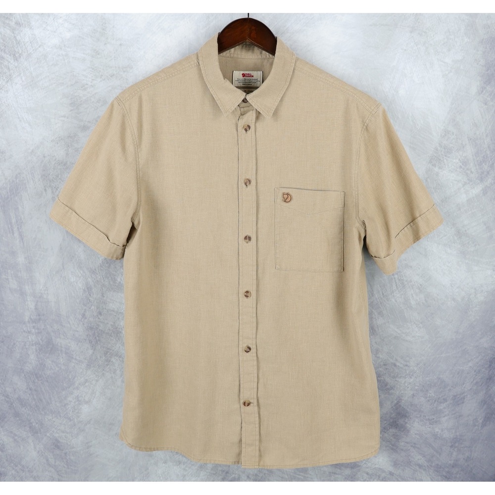 Fjallraven Ovik Travel Shirt Men M Tan Short Sleeve Hemp Blend 87039 Comfort Fit